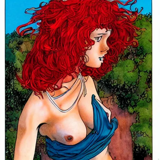 Prompt: a red haired goddess bathed in the sun by milo manara