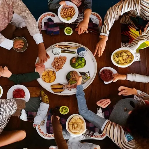 Image similar to an image of a large traditional family sitting around the table for dinner but one of the kids is floating above the table.