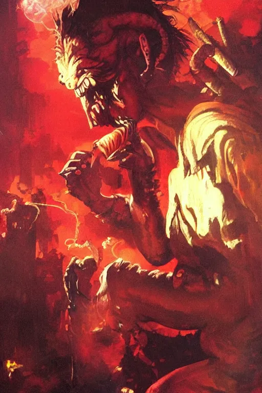 Prompt: A demon smoking a cigar in a cyberpunk setting, by Frank Frazetta, dramatic lighting, 1980s colours, as trending on Artstation, highly detailed,