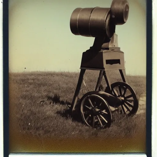 Image similar to polaroid photo of a napoleonic cannon standing on a graveyard.