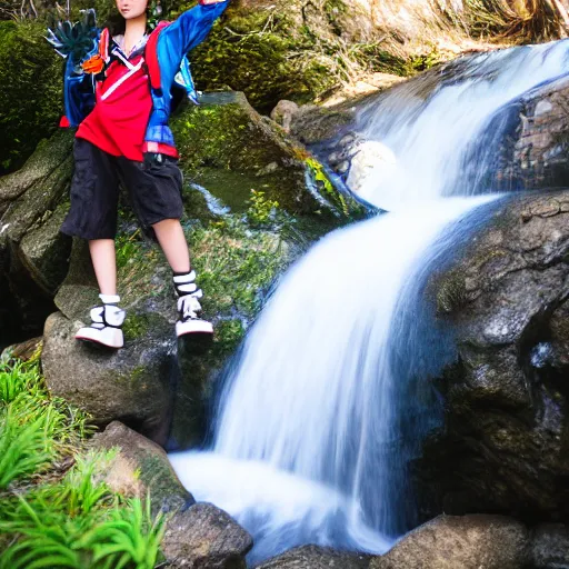 Prompt: kingdom hearts sora cosplay near waterfall photo photography low angle detailed face 85mm