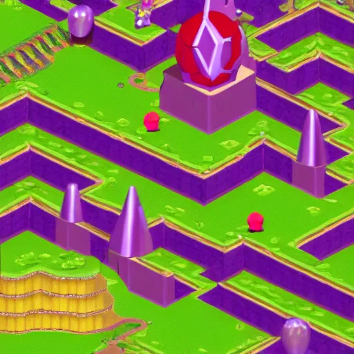 Image similar to isometric aerial view of a new mario kart 64 level, featuring the eye of sauron, helm's deep, and barney the purple dinosaur