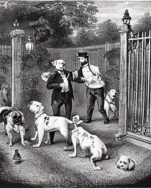 Image similar to “Who Let the Dogs Out” constables investigate the scene of a quaint garden, overrun by champion show dogs canines, a Victorian lithograph