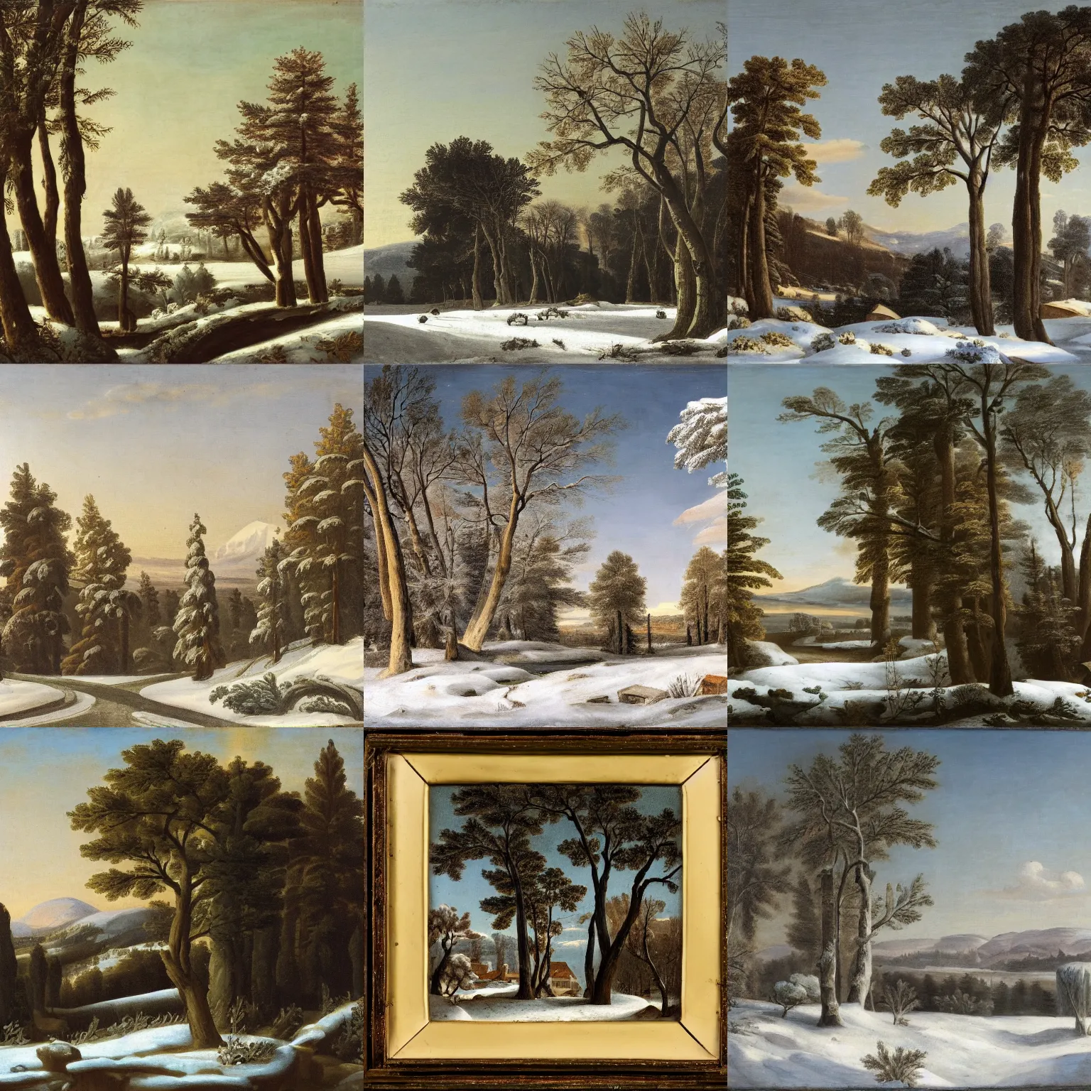 Prompt: a winter landscape with shrubs and trees on a clear day, in neoclassicism style