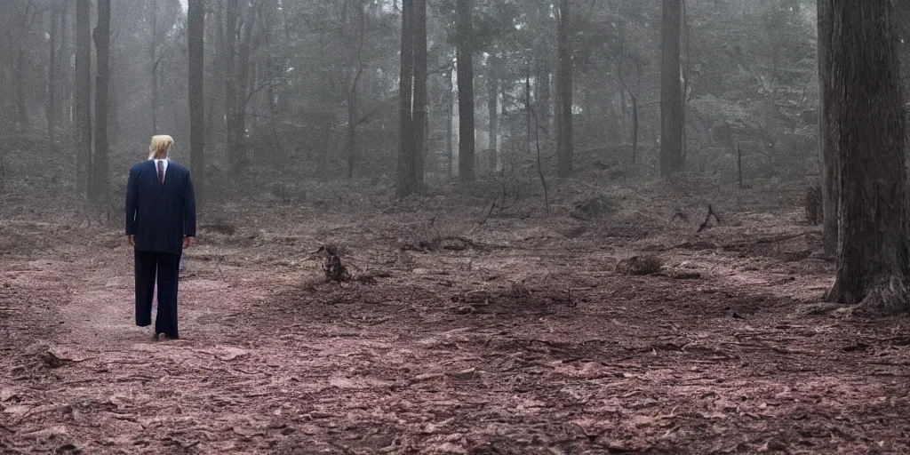 Prompt: movie still of donald trump in mandy ( 2 0 1 8 ) directed by panos cosmatos, film grain, night time, red glow, interior log cabin, cult meeting