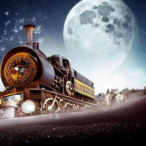 Image similar to steampunk train flying towards the moon