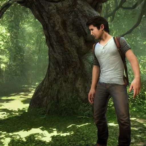 Image similar to young nathan drake finding a large tree, highly detailed