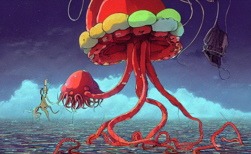 Prompt: a realistic cell - shaded studio ghibli concept art from paprika ( 2 0 0 6 ) of a flying multi - colored octopus from close encounters of the third kind ( 1 9 7 7 ) and dimensional portal to another world above a flooded medieval town on a misty starry night. very dull colors, wide shot, hd, 4 k, hq