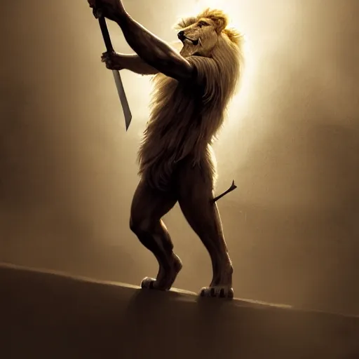 Image similar to commission of a male anthropomorphic albino lion holding a sword,digital art,art by greg rutkowski,trevor henderson,ross tran,photorealistic,hyperdetailes,highly realistic,natural lighting,deviantart,artstation,dramatic,cinematic,4k,western comic style,sharp lineart,hard shadows