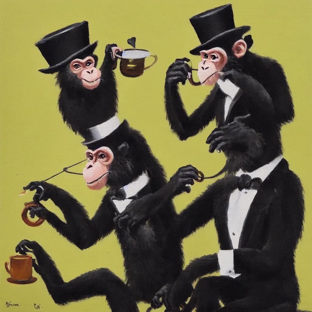 Prompt: one monkey wearing a monocle and a top hat drinking tea, brush strokes, oil painting