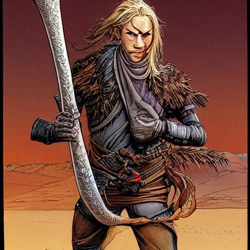 Prompt: Kethlan the elven desert bandit. Epic portrait by james gurney and mœbius.