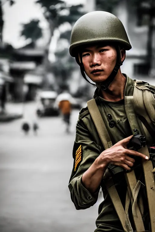 Prompt: vietnam soldier with skateboard, photography, cinematic, bokeh, extreme details, vogue photo style, dynamic composition, intricate, comfort posse, smooth, sharp focus, body features, ultra realistic, award winning photo, captured by nikon d 8 5 0, 4 k, full body.