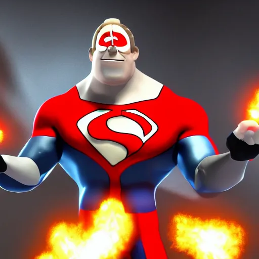 Prompt: syndrome incredibles holding the gmod physgun dynamic pose 4 k deviantart fanart cinematic shot