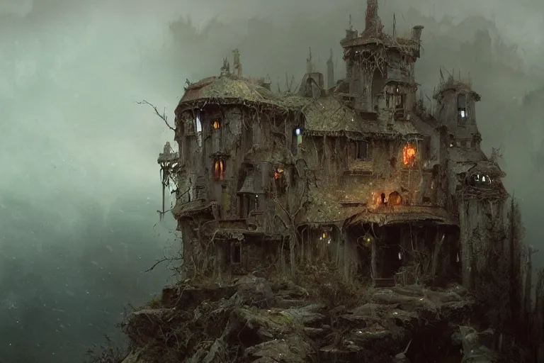 Image similar to unkind haunted house that hasn't been maintained properly sitting atop a narrow cliff on a bouncy hillside made of flesh!!!!!! and carrion remains, overlooking a grim ocean, digital painting by greg rutkowski and gaston bussiere, trending on artstation, cgsociety contest winner, zbrush, intricately defined, comprehensive art, 4 k