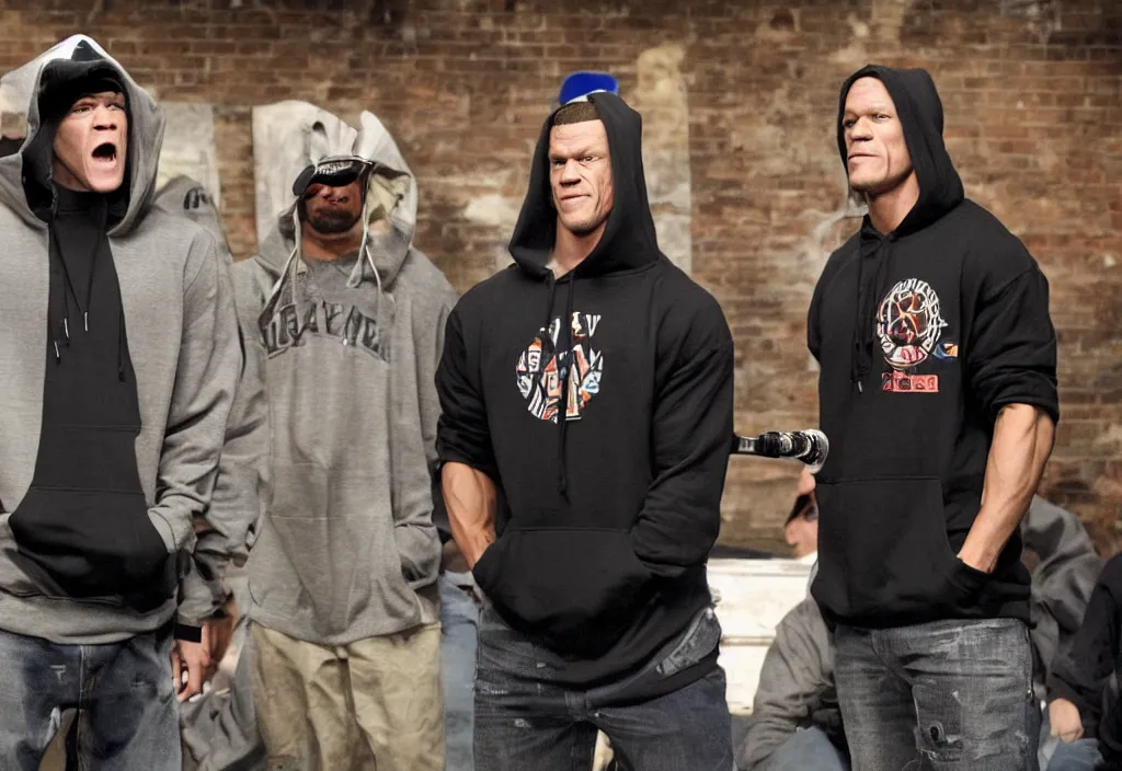 Prompt: john cena in a hoodie during a rap battle held in a warehouse. Rap battle from the movie 8 mile.