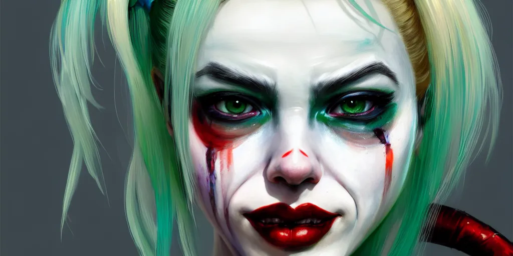 Prompt: ultra detailed close up facial portrait of harley quinn, green eyes, sharp bone structure, extremely detailed digital painting, in the style of fenghua zhong and ruan jia and jeremy lipking and peter mohrbacher, mystical colors, rim light, beautiful lighting, 8 k, stunning scene, raytracing, octane, trending on artstation