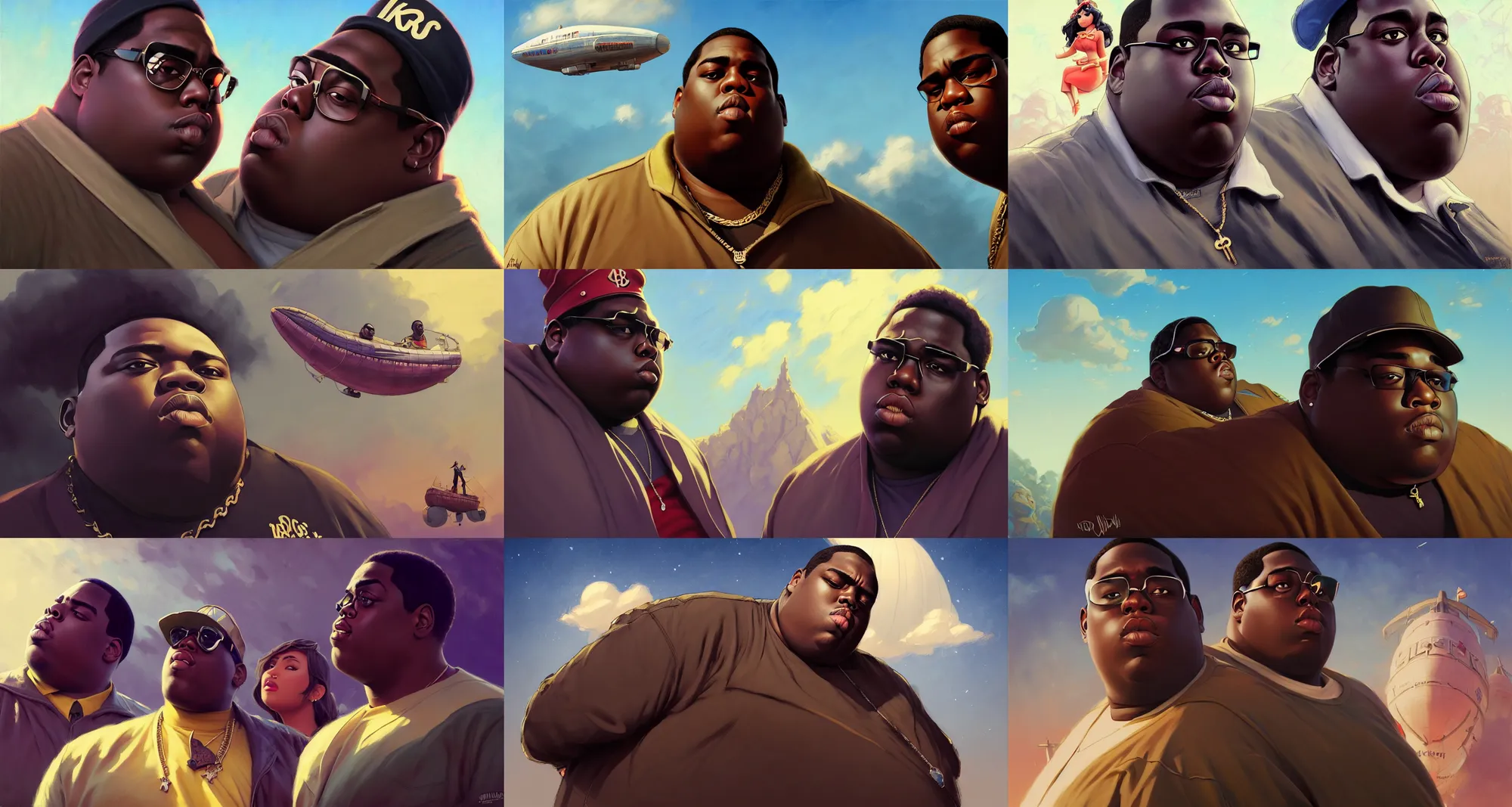 Prompt: the notorious b. i. g. as an airship, animation pixar style, shaded lighting poster by magali villeneuve, artgerm, jeremy lipkin and michael garmash, rob rey and kentaro miura style, trending on art station