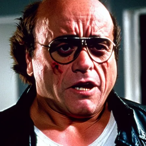 Prompt: Danny DeVito as The Terminator, cinematic, Eastman 5384 film