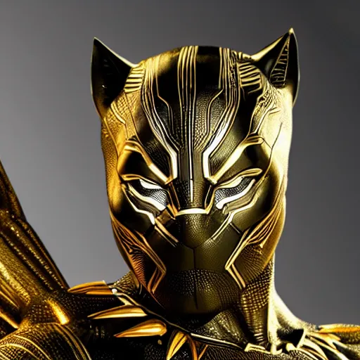 Image similar to a close up photo of a detailed golden statue of Black Panther, 8K,