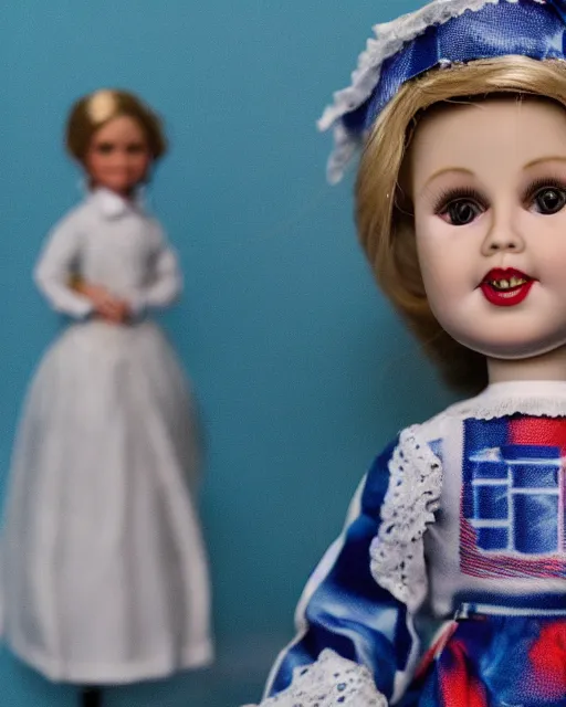 Prompt: high quality presentation photo of a cute Hilary clinton porcelain doll in the style of mark ryden photography 4k, f1.8 anamorphic, bokeh, 4k, Canon, Nikon