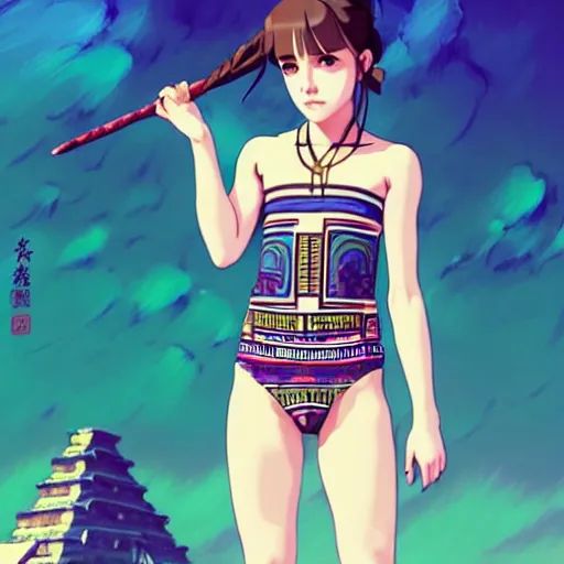 Image similar to a beautiful boyish emma watson alluring instagram model, wearing japanese hiphop aztec leotard outfit with mayan pattern and native style, aztec street fashion bathing suit, botw style, gapmoe yandere grimdark, trending on pixiv fanbox, painted by greg rutkowski makoto shinkai takashi takeuchi studio ghibli, akihiko yoshida