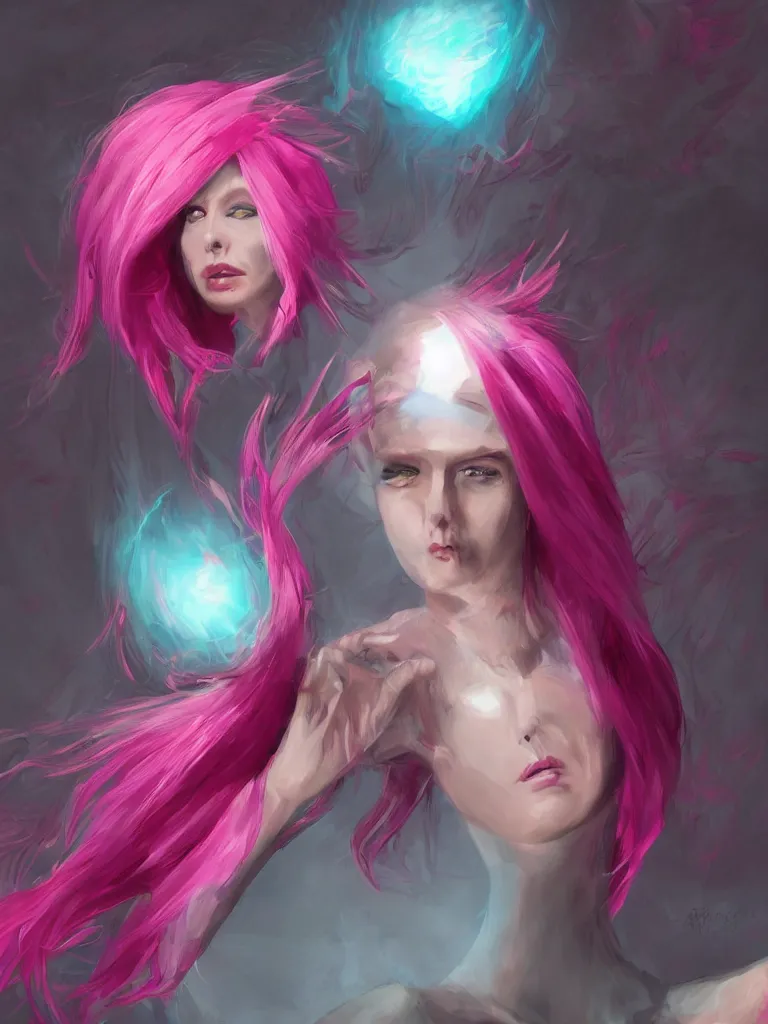 Prompt: Lady with pink hair staring into Centrentropy, discord taken from life, a soldier of discord, cynicalism of the ninth dimension, splitting mass into a transferance of light, HD, trending on artstation