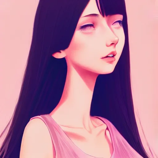 Image similar to young female in summer dress art, pastel light pink long hair, muted colors, matte print, pastel colors, ornate, digital art, digital painting, fan art, elegant, artstation, head is centered, by Ilya Kuvshinov