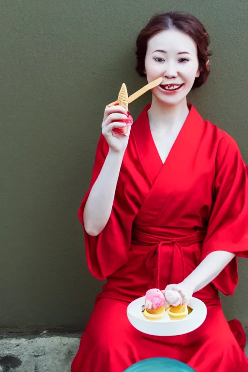 Image similar to photo, young woman eating ice cream, sitting on a chair, red dress, high heels, japanese kimono