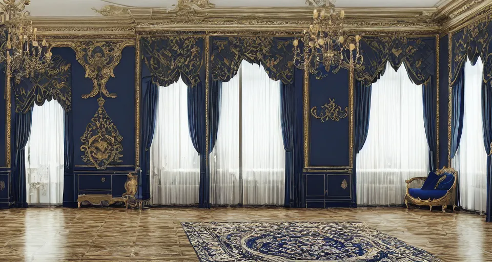 Image similar to view into an ornate baroque room with navy blue damask walls and mahogany floor, windows looking out at neatly manicured lawn and hedges, 8 k, octane render
