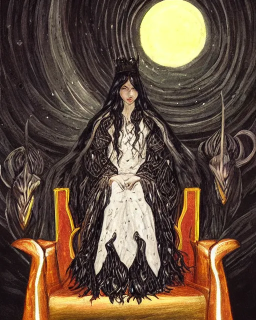 Image similar to an illustration of a queen with fair skin and dark stylises hair on a throne at night by tolkien, realistic, detailed, oil painting
