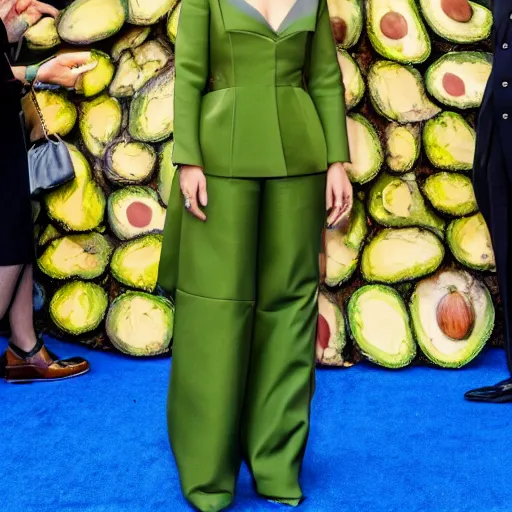 Image similar to elizabeth olsen walking on the red carpet, wearing an avocado suit with the pith in the middle, trending on unsplash, 4 k quality, intricate