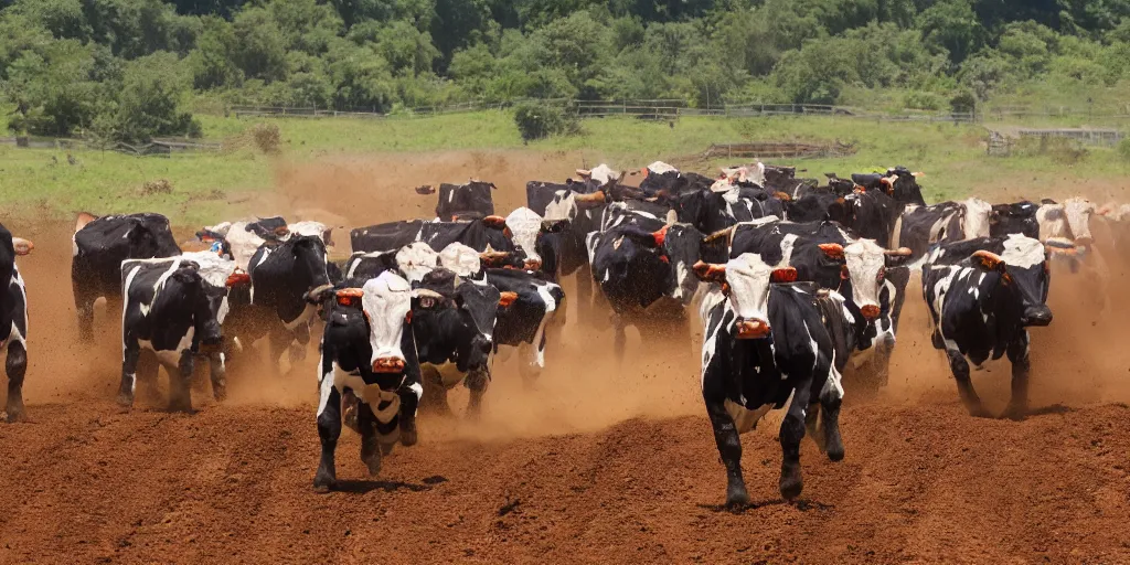 Image similar to a herd of cows, racing on a motocross track