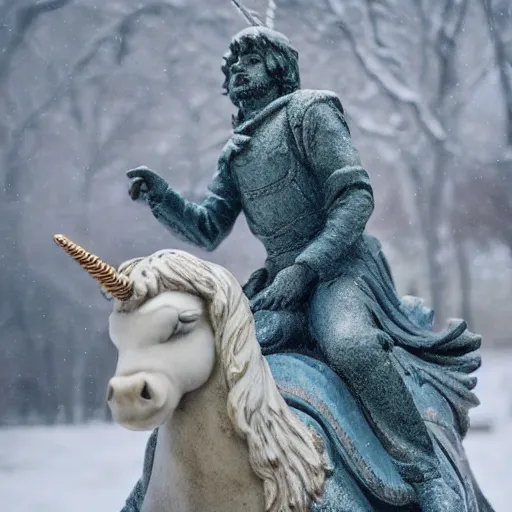 Image similar to of a statue of god riding a unicorn while wearing a jacket on a snowy day