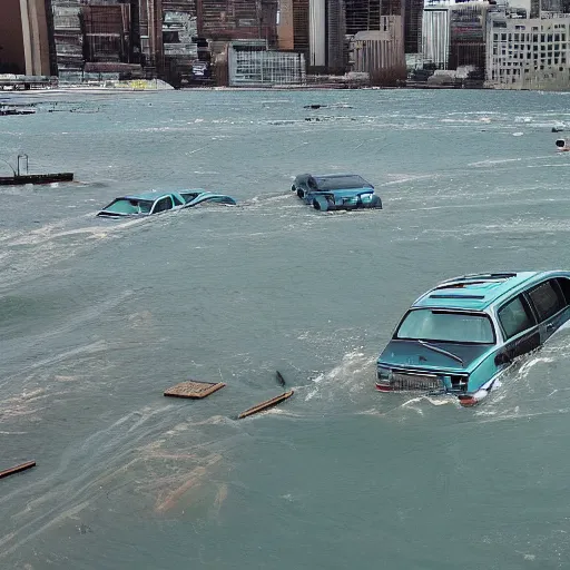 Image similar to a photo of a tsunami sweeping away buildings and early 2 0 0 0 s and 1 9 9 0 s cars as well as 1 9 7 0 s and 5 0 s cars and debris is in the water, water is unnaturally clear and teal.