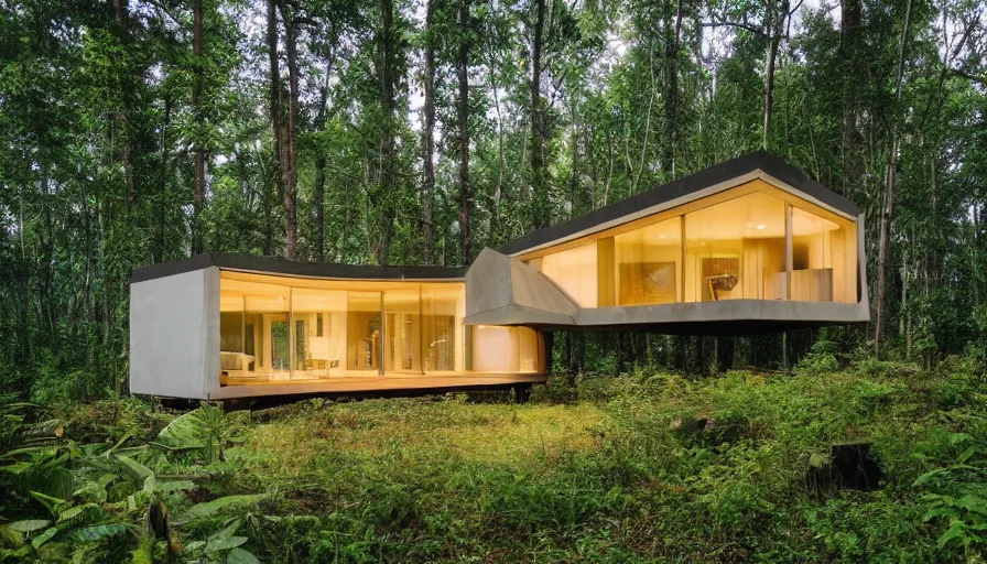 Image similar to A wide image of a full innovative contemporary 3D printed prefab sea ranch style cabin with rounded corners and angles, beveled edges, made of cement and concrete, organic architecture, in a lush green forest Designed by Gucci, Balenciaga, and Wes Anderson, golden hour