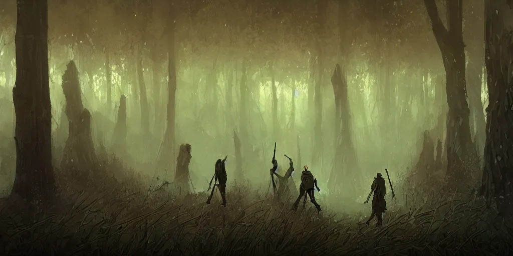 Image similar to modern reed - people hunting in futuristic spiritual mystical post apocalyptic forest from world of strugatsky drawn by justin roiland, dim painterly volumetric aquatic lighting, beautiful, crisp, artstation, highly detailed