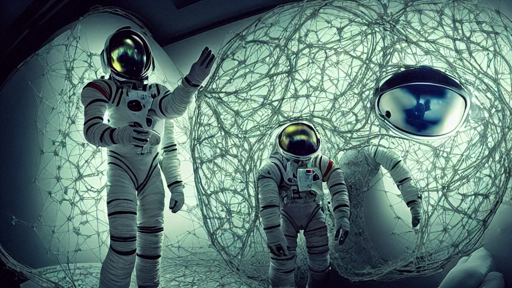 Image similar to a cybernetic symbiosis of a single astronaut eva suit with diamond 3d fractal lace iridescent bubble 3d skin covered with insectoid compound eye camera lenses floats through the living room, film still from the movie directed by Denis Villeneuve with art direction by Salvador Dalí, wide lens,