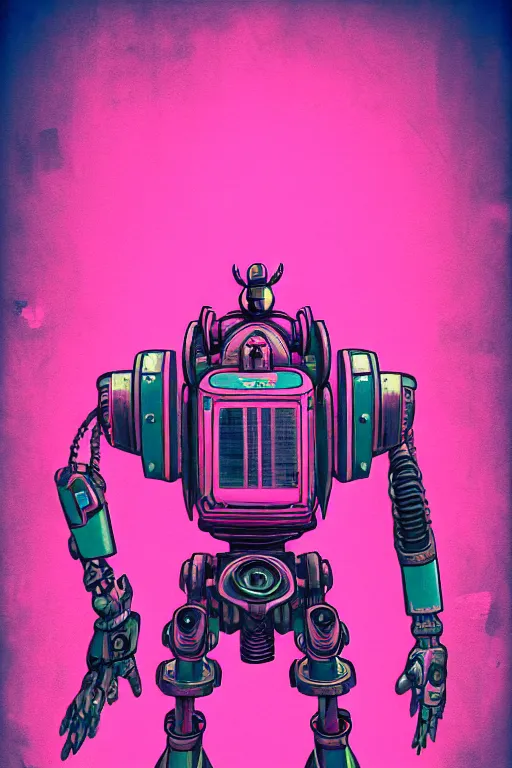 Image similar to pink mech robot - aesthetic, 4 k, acrylic paint style, pencil style, torn magazine style, pop art style, bioshock style, by mike swiderek, jorge lacera, ben lo, tyler west, ultrarealistic, sharp focus, intricate