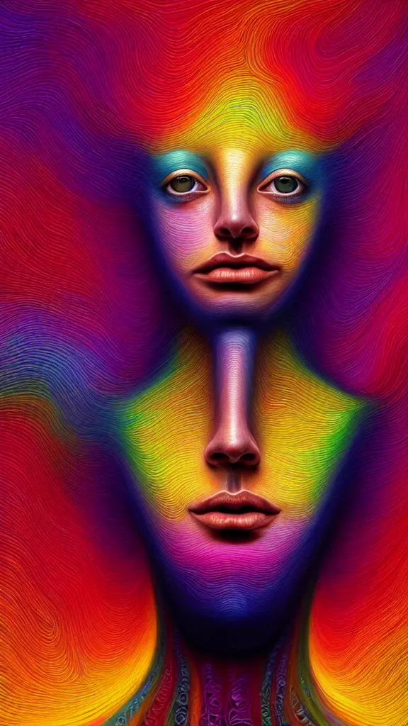 Image similar to hyperrealistic abstract close-up female! portrait Renaissance psychedelic!! celestial happy! pure creature!! perfect!! face! peaceful! kind spirit of nature! beautiful fractal!! eyes! highly detailed concept art eric zener elson peter cinematic hard rainbow lighting high angle hd 8k sharp shallow depth of field endless, inspired by Zdzisław Beksiński Salvador Dali