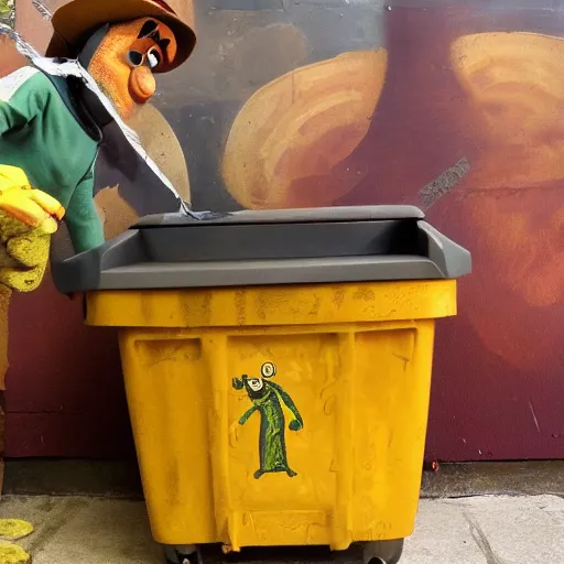 Prompt: oscar the grounch gets a gold plated garbage can, fresco painting