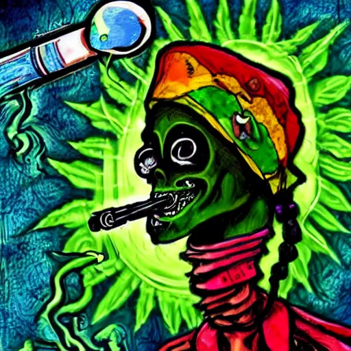 Image similar to alien smoking weed and getting high, rips bong, raggae art, # 4 2 0, # smokeweedeveryday, rasta