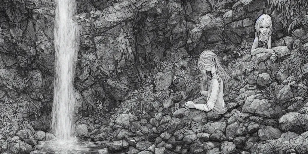 Image similar to girl looking at a waterfall, superwide angle, intricate, highly detailed, illustration, art by Leon Bosko