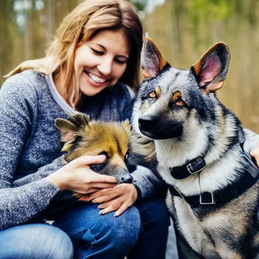 Prompt: a couple with a Swedish vallhund