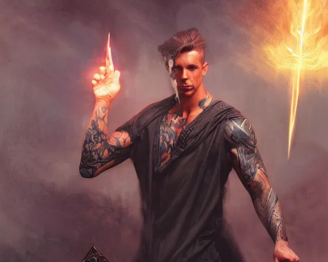 Image similar to handsome tattooed gym bro wizard lightning magic spell vfx, diagonal spell vfx, fantasy game spell, fantasy epic digital art, by greg rutkowski, gaston bussiere, craig mullins, j. c. leyendecker, tom of finland