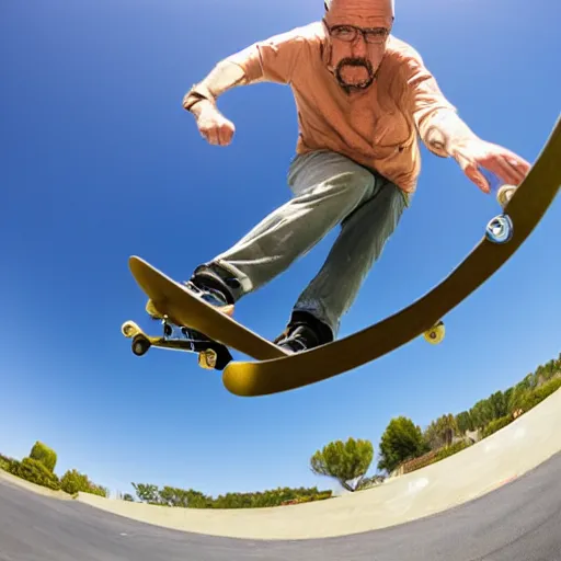 Image similar to walter white skateboarding, fisheye lens, sunny day