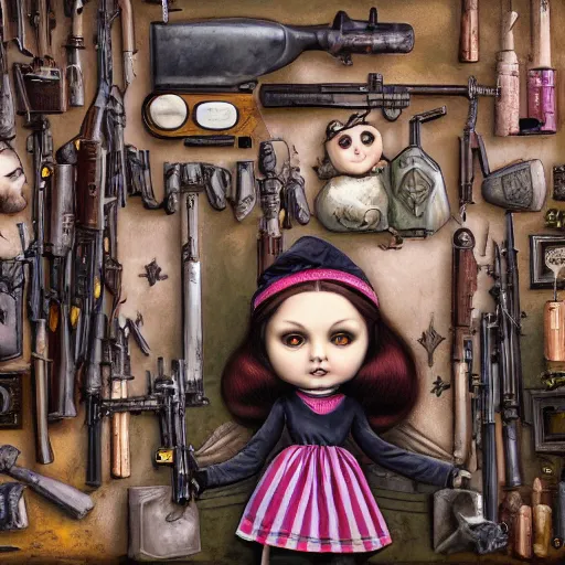 Image similar to doll next to weapons, hand grenades, rpg, by mark ryden, breathtaking, 8 k resolution, extremely detailed, beautiful