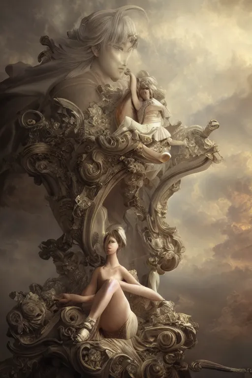 Image similar to final fantasy, dramatic, elaborate emotive Baroque and Rococo styles to emphasize beauty as a transcendental, 8k image, ultra-realistic, the style of WLOP