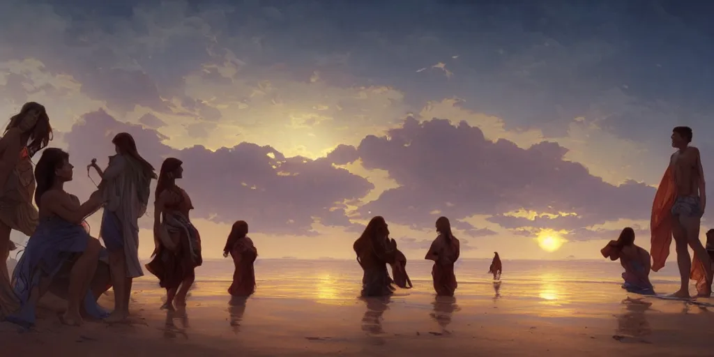 Prompt: four people watching sunset on a beach with a close planet's surface covering most of the sky, intricate, highly detailed, digital painting, trending on artstation, concept art, smooth, illustration, cinematic lighting, art by artgerm and greg rutkowski and alphonse mucha