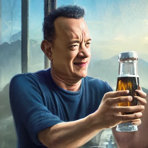 Image similar to tom hanks drinking a beer, highly detailed vfx portrait, unreal engine, greg rutkowski, loish, rhads, caspar david friedrich, makoto shinkai and lois van baarle, ilya kuvshinov, rossdraws, elegent, tom bagshaw, alphonse mucha, global illumination, detailed and intricate environment.