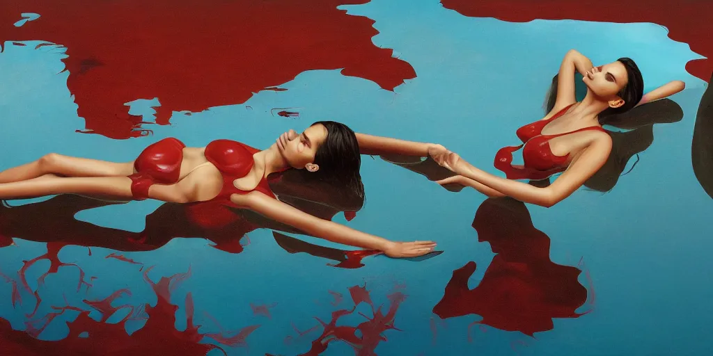 Image similar to Emily Ratajkowski with beautiful face and full body laying in a blood red pool of water between a bright golden glowing mirror frame, outside is space and inside the mirror frame is a beautiful landscape. Hyperrealistic surreal 4K IMAX Rene Margritte intricate, elegant, highly detailed, digital painting, artstation, concept art, smooth, sharp focus, illustration, art by artgerm and greg rutkowski and alphonse mucha
